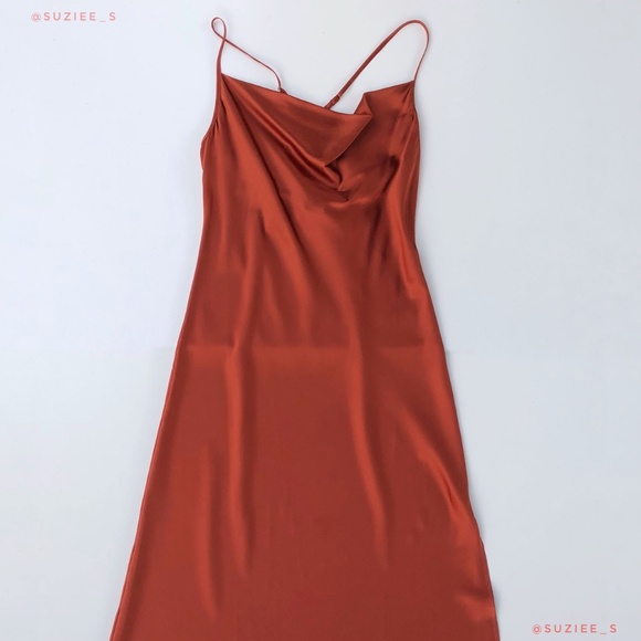 Andamane Delphina Rust Red Orange Silk Satin Slip Midi Dress Side Slit  M NWT - Picture 2 of 16